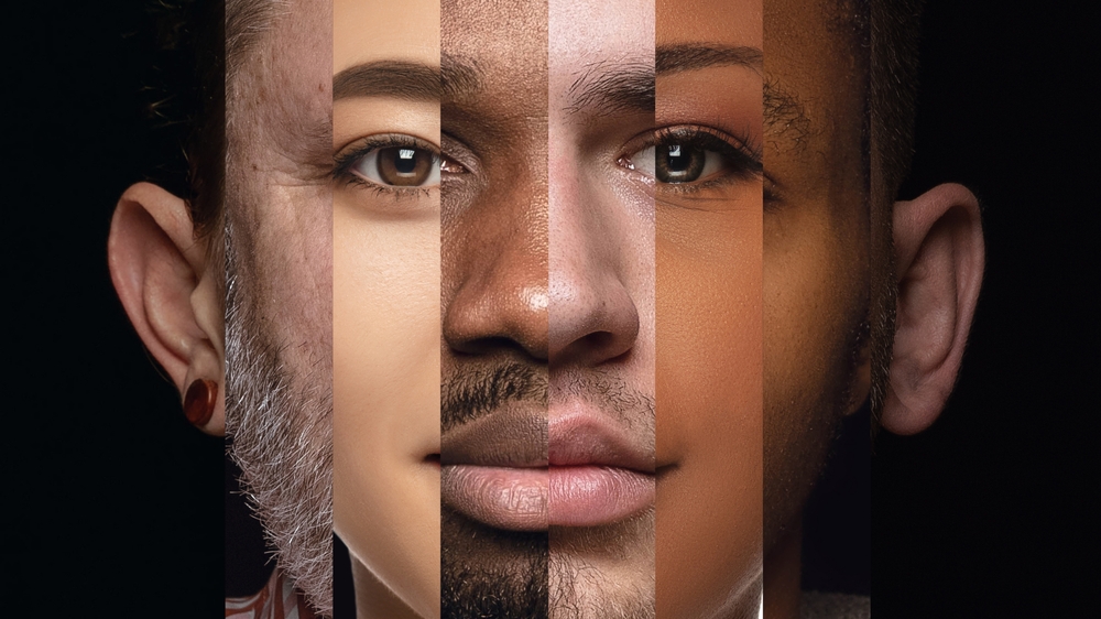 A face made up of many men and women faces depicting all humans as descendants of Adam and Eve