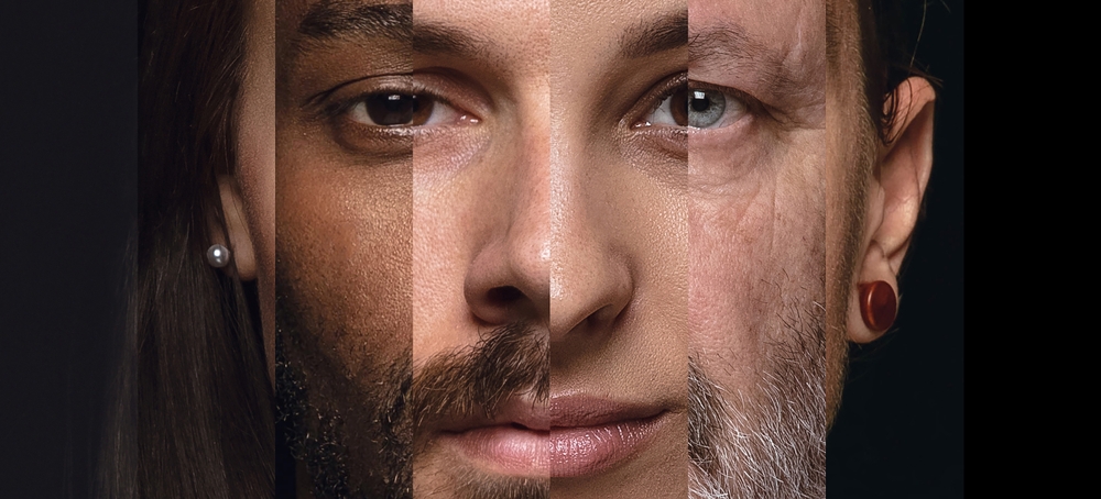 A single face made up of slivers of multiple human faces that God created