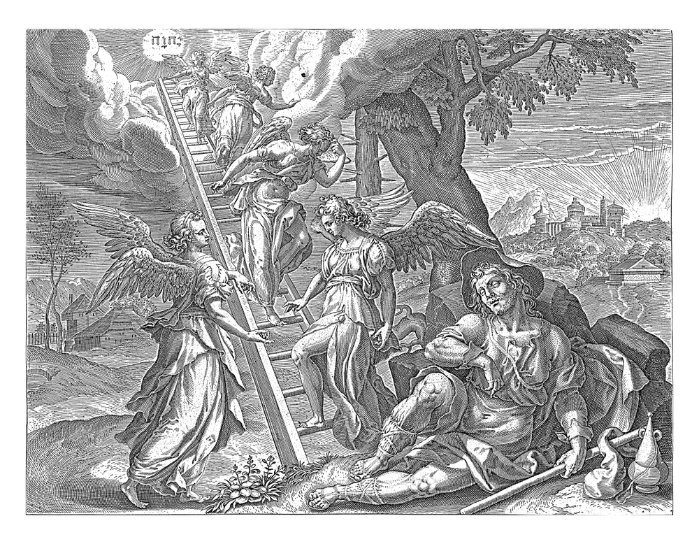 Ancient biblical depiction of angels in the Old Testament walking between heaven and earth