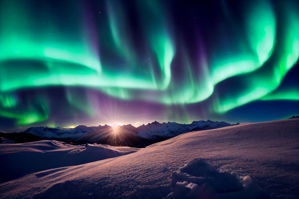 A vibrant aurora borealis lights up the night sky with green and purple hues over snowy mountains.