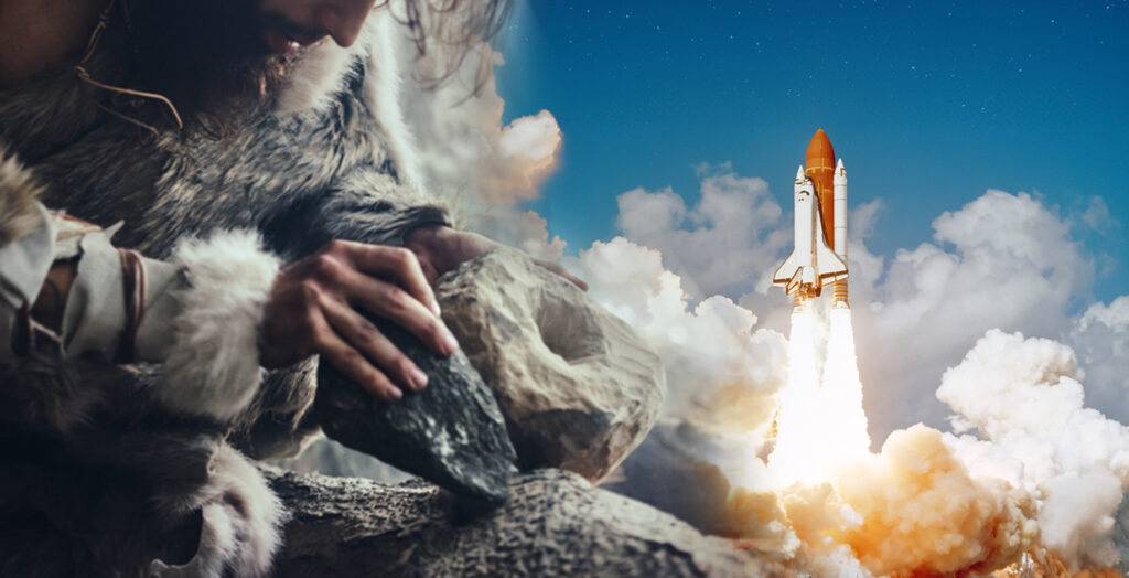 graphical illustration of a caveman using a rock next to a rocket ship for neanderthal technology vs. modern human technology