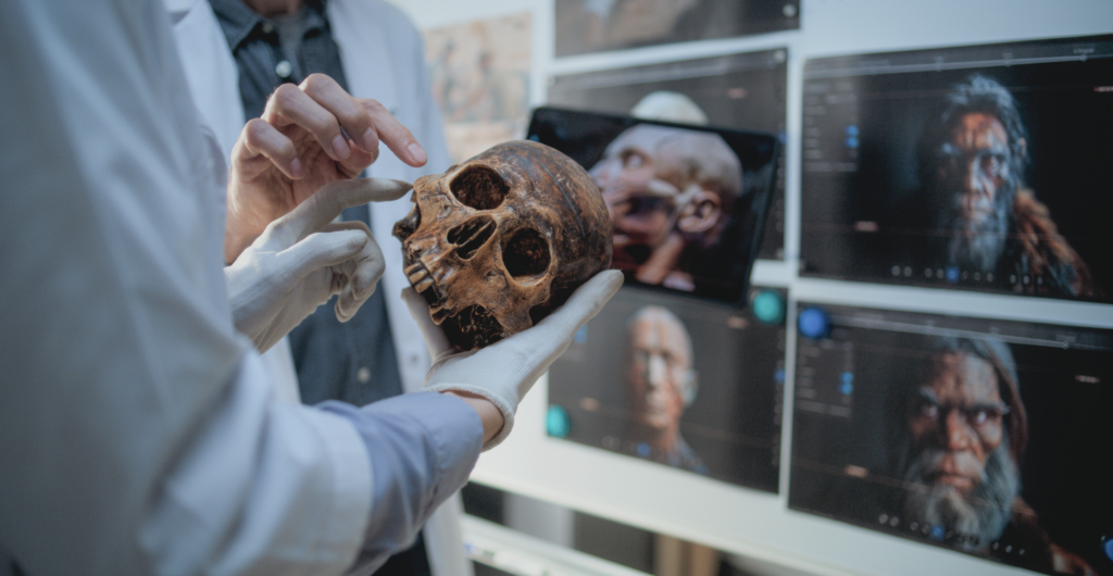 A researcher wearing lab gloves examines an ancient skull, holding it up for inspection in a laboratory setting. Behind them, multiple monitors display digital scans and reconstructed images of the skull. Skull comparisons are common in human origins research.